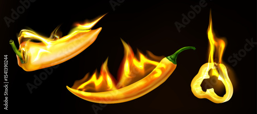 Realistic burning pepper collection with fire flames - yellow chili in orange blaze, spicy capsicum ablaze on black background, hot jalapeno ring glowing. Culinary heat concept for cooking designs.