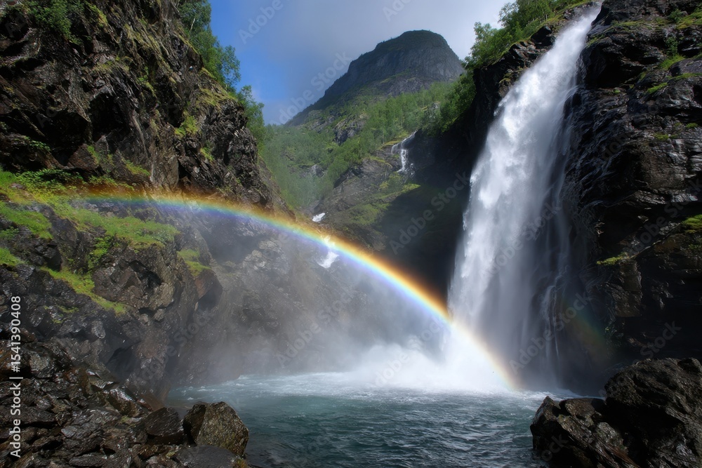 Fototapeta premium Majestic waterfall with a vibrant rainbow above a serene pool in a lush valley