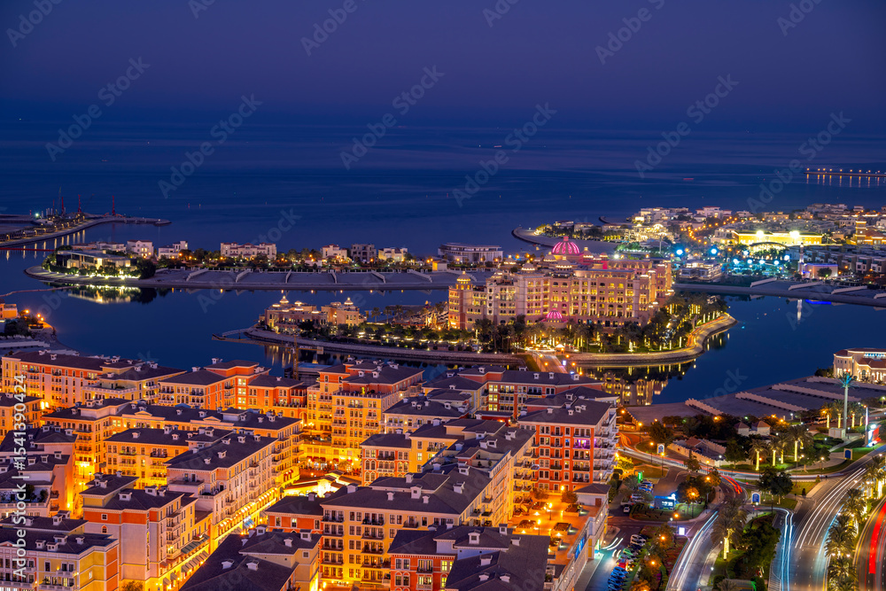 Fototapeta premium Doha, Qatar - May 28, 2025: Beautifull Aerial view of Marsa Malaz Kempinski Doha Hotel