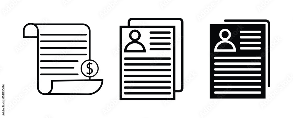 Invoice payment icon pack. vector illustration. Personal documents icon in black filled and outlined style Invoice payment icon pack. vector illustration. Personal documents icon in black filled and outlined style