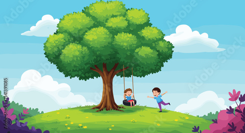 Cartoon kids playing on tree swing, summer fun outdoors, happy children in nature, park activity illustration, big tree on hill, playful childhood moment