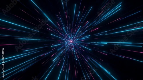 Glowing neon light streaks converge to the center against a dark, cosmic background