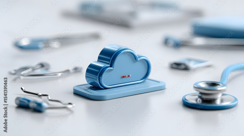 A conceptual representation of cloud computing in healthcare, featuring a cloud icon surrounded by health data symbols. The backdrop is sleek and modern, conveying the seamless integration of A conceptual representation of cloud computing in healthcare, featuring a cloud icon surrounded by health data symbols. The backdrop is sleek and modern, conveying the seamless integration of