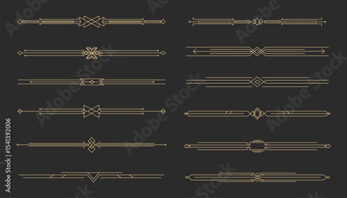 Art deco golden retro divider, border. Line frame vintage geometry gold elegant decoration. Set ornate decor elements.