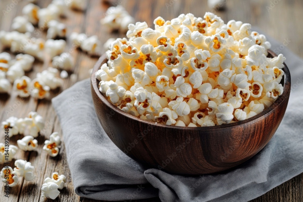 Rustic wooden bowl filled with fluffy white popcorn Rustic wooden bowl filled with fluffy white popcorn