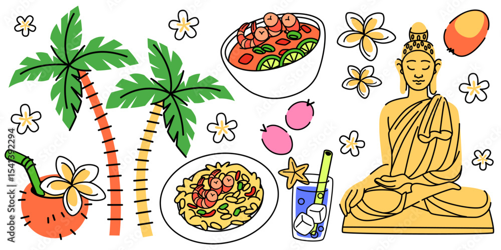 Obraz premium Thai doodle collection with Buddha statue, palm trees, tropical flowers, pad thai noodles, tom yum soup bowl, coconut drink, mango fruit and plumeria blossoms. Hand drawn Asian culture elements.