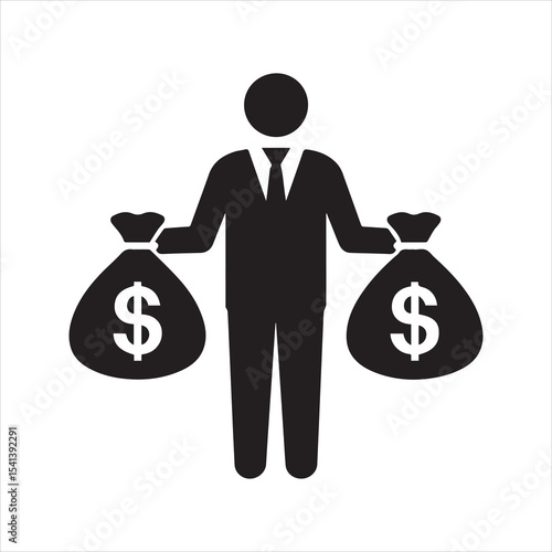 Rich businessman icon holding two money bags. Vector pictogram of a successful person in a suit with dollar sacks, symbolizing wealth, investment, and profit