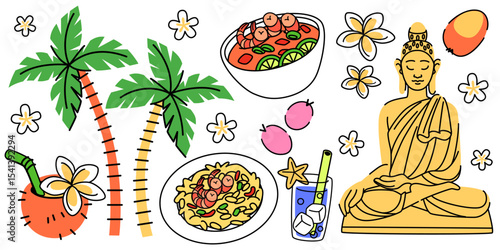 Thai doodle collection with Buddha statue, palm trees, tropical flowers, pad thai noodles, tom yum soup bowl, coconut drink, mango fruit and plumeria blossoms. Hand drawn Asian culture elements.