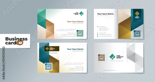 A set of professionally designed two-sided business card templates with modern teal and brown geometrics on a white and dark blue background – Sleek Design for a Professional and Unique Brand