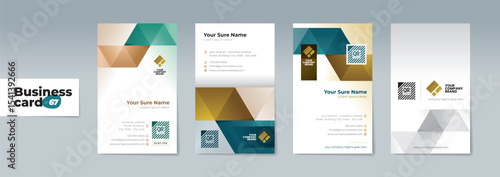 A set of professionally designed two-sided vertical business card templates with modern teal and brown geometrics on a white and dark blue background – Sleek Design for a Professional and Unique Brand
