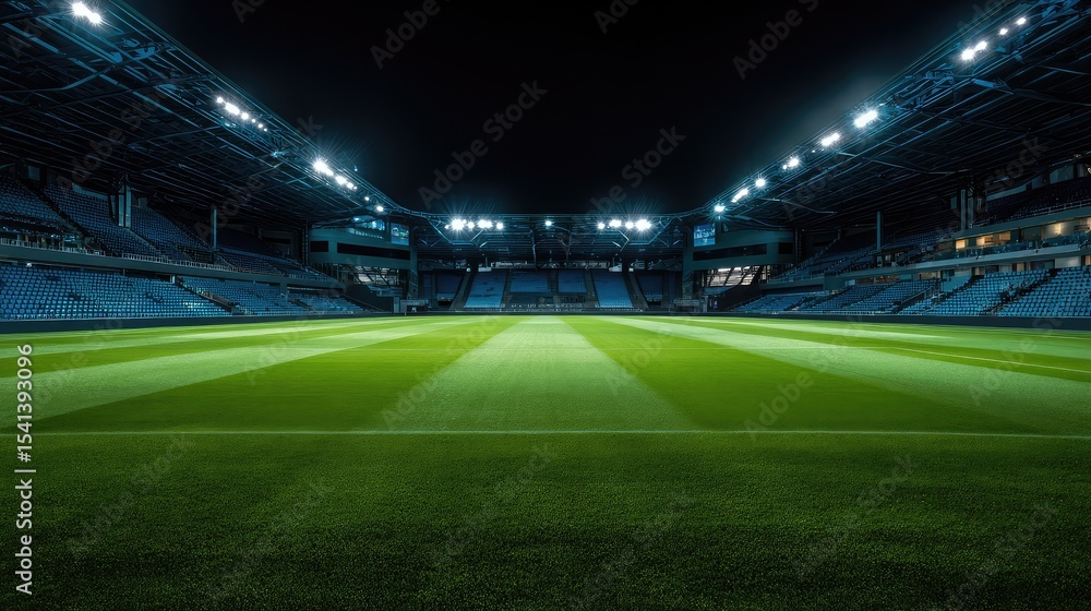 Night view of a well-lit stadium with lush green grass and symmetrical seating stands Night view of a well-lit stadium with lush green grass and symmetrical seating stands
