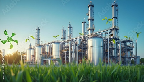Modern industrial facility showcasing innovative green technology with lush vegetation in the foreground under clear blue sky Generative AI