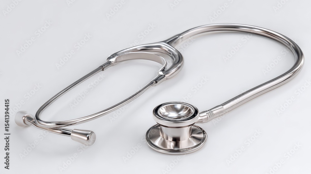 Stethoscope with stainless steel chestpiece neatly arranged on clean white background Stethoscope with stainless steel chestpiece neatly arranged on clean white background