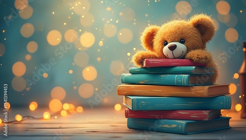 Cute teddy bear resting on colorful books with a dreamy background filled with soft lights in a cozy indoor setting during the evening Generative AI