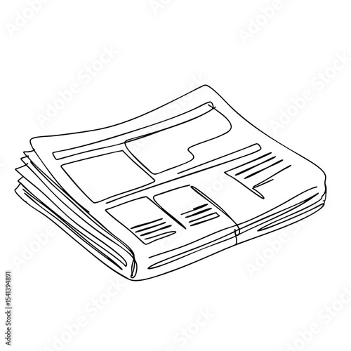 Stacked newspaper illustration in black outline on white background. Vector line art of folded press pages, ideal for editorial, media, or publishing concepts.