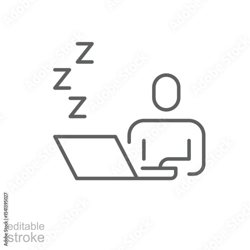 Sleeping employee icon. Thin line outline symbol of remote worker fatigue resting at computer due to exhaustion stress or overwork editable stroke