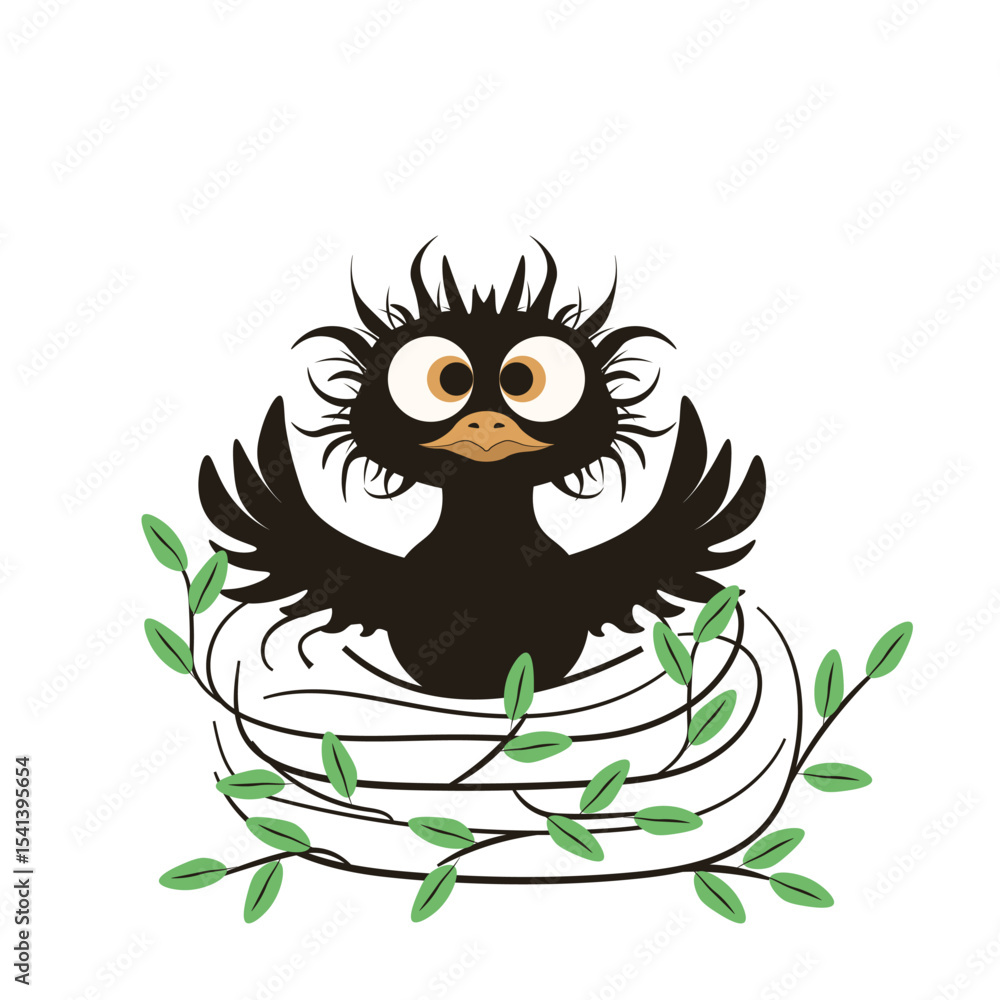 Fototapeta premium Whimsical crazy Bird in Nest isolated transparent background. Nesting vector illustration. Nesting holiday theme. Perfect t-shirt print child book image. EPS 10