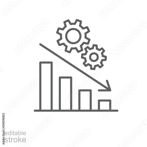 Low performance icon. Outline style thin line editable stroke symbol of bar chart with arrow down and gears. Concept of productivity drop, poor efficiency, or business failure. Vector illustration