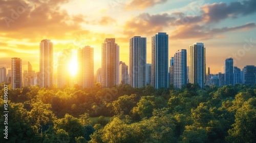 a breathtaking cityscape bathed in the warm hues of a vibrant sunrise presenting a harmonious blend of modern architecture and verdant nature offering an escape