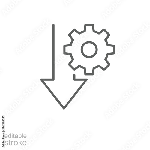 Performance drop icon outline style. A gear next to a large downward arrow representing system failure or decline in productivity. Thin line symbol vector illustration. Editable stroke