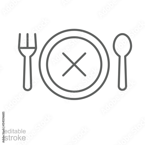 Loss of appetite icon outline style. A plate with cross mark and cutlery symbolizing decreased hunger, eating disorder, or lack of desire for food. Thin line symbol vector. Editable stroke