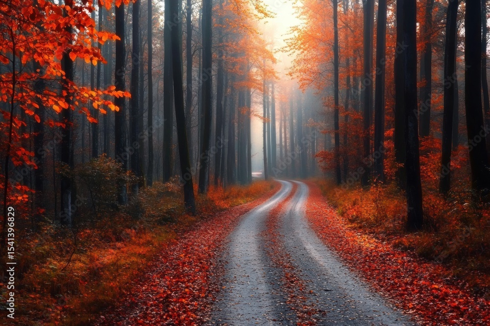 Obraz premium Tranquil Autumn Forest Landscape with Tall Trees, Colorful Leaves, Sunlight, trees and footpath road