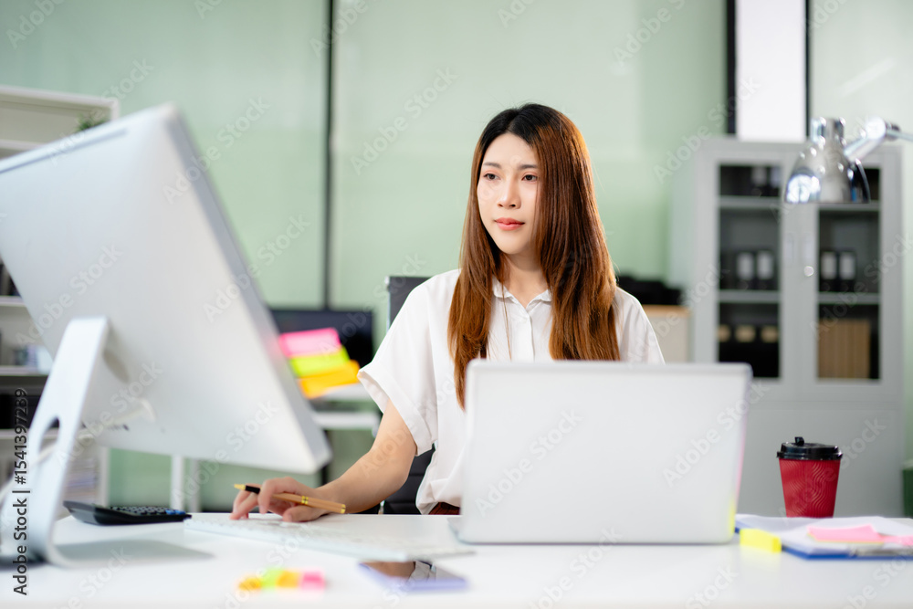 Business woman using tablet and laptop for doing math finance on an office desk Business woman using tablet and laptop for doing math finance on an office desk