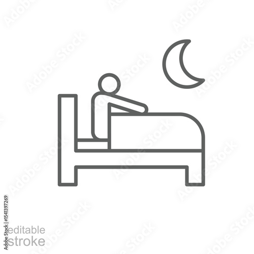 Awake at night icon outline style. A person in bed unable to sleep representing insomnia, anxiety, or night disturbance. Thin line symbol vector illustration. Editable stroke