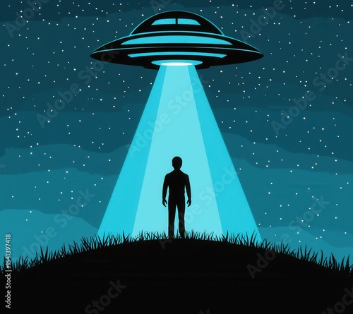 Mysterious UFO Abduction Scene with Silhouette on a Hill at Night