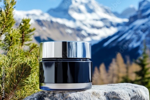 Container for natural shilajit supplements in an alpine Himalayan setting
