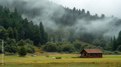 A serene landscape photograph of a vast, open pasture dotted with various fiber animals, with a small, rustic cabin in the foreground where fiber crafts are being made, conveying a sense of natural