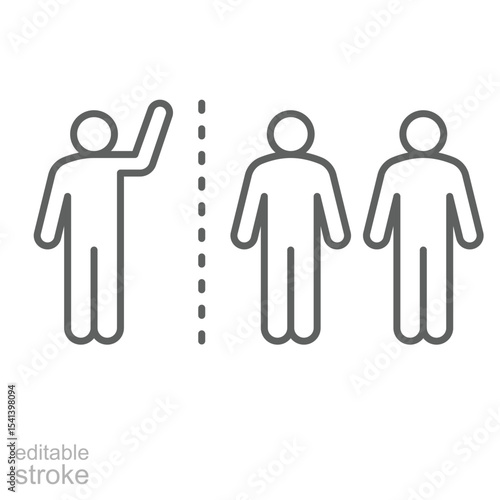 Exclusion icon outline style. Individual figure away from two grouped people symbolizing social rejection, quarantine, or separation. Thin line symbol vector illustration. Editable stroke
