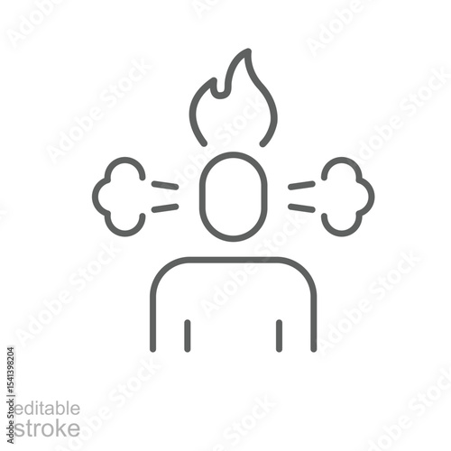 Overwhelmed mind icon outline style. A person with steam and flame above head symbolizing anger, stress, or emotional burnout. Thin line symbol vector illustration. Editable stroke