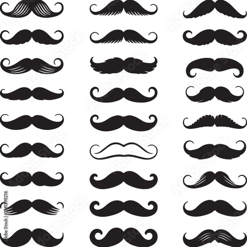 Collection of Twenty Seven Black Silhouette Mustaches Various Styles and Shapes Isolated on White Background Vector Illustration
