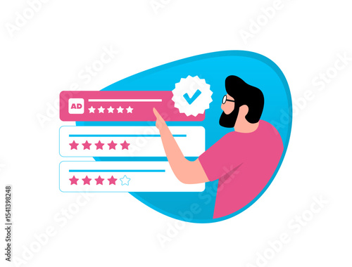 Ad Trust Scores - user evaluating sponsored ad based on rating, ad trust score and feedback. Emphasizing ad transparency and credibility in modern digital marketing. Vector illustration
