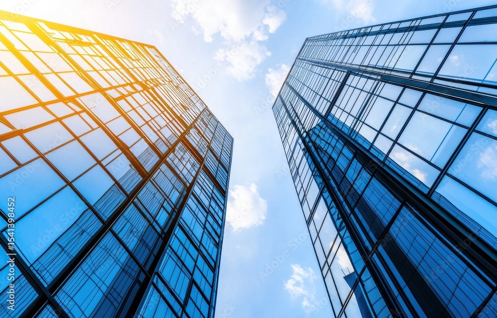 Obraz premium Modern Glass Skyscrapers Reaching into Blue Sky Above City Streets