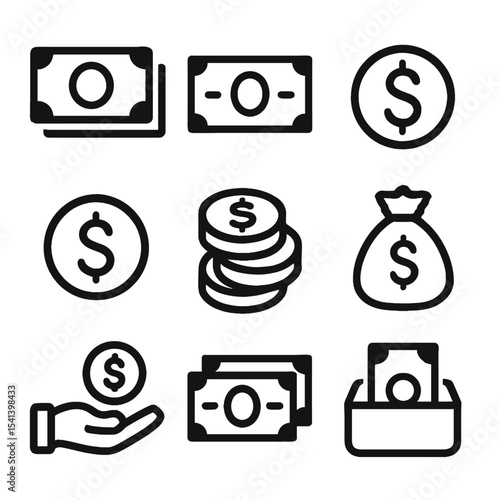 Nine Bold Line Icons Depicting Various Financial Symbols