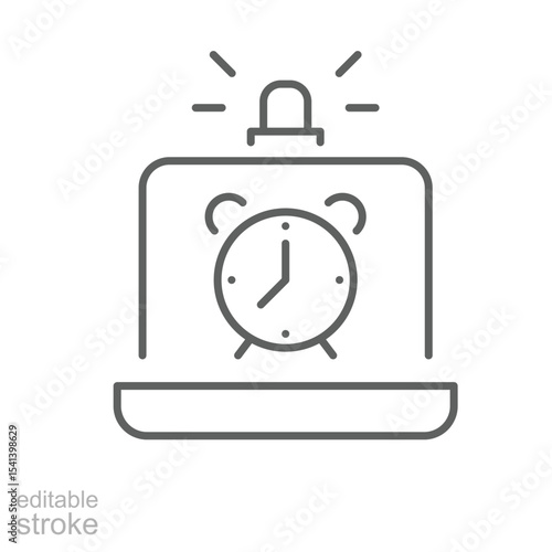 Alarm clock alert on laptop screen icon outline Thin line symbol of remote worker stress fatigue burnout time pressure editable stroke digital exhaustion overwork concept