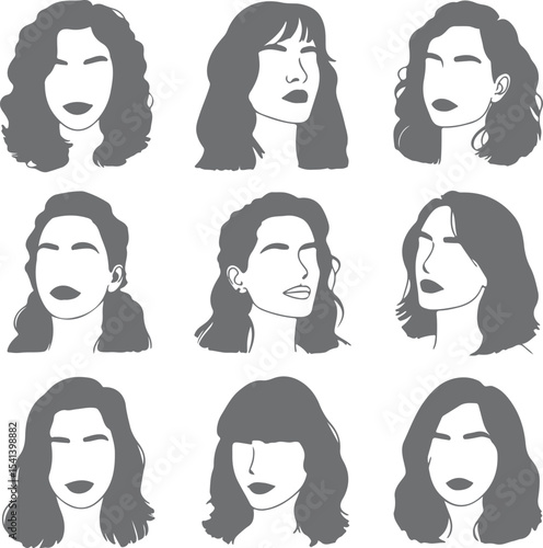 Nine Gray Female Silhouette Portraits Various Hairstyles Shoulder Length Bob Curly Wavy Straight Bangs
