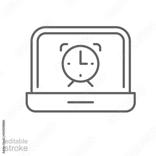 Clock on laptop icon in outline style Editable thin line symbol of time pressure digital overwork stress fatigue burnout for remote working concept and productivity loss