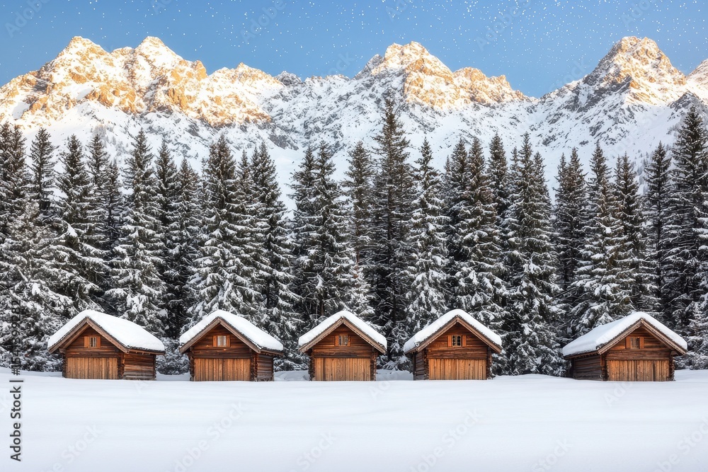 Fototapeta premium Cozy wooden cabins in snowy landscape with majestic mountain backdrop