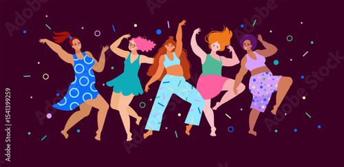 Plus size women dancing. Body positive people in motion. Curvy female body. Plus size fashion