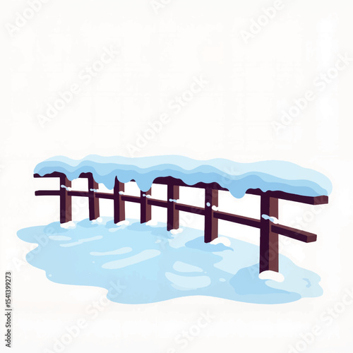 Snow-covered railing with buildup on winter landscape, seasonal beauty