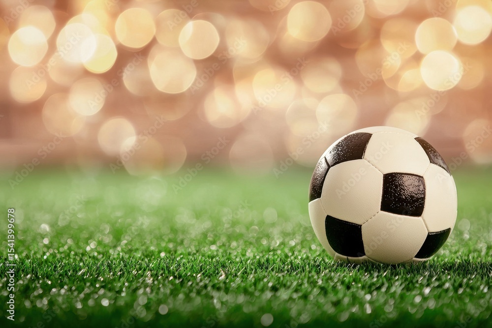 Fototapeta premium Soccer Ball on Lush Green Grass with Blurred Bokeh Background