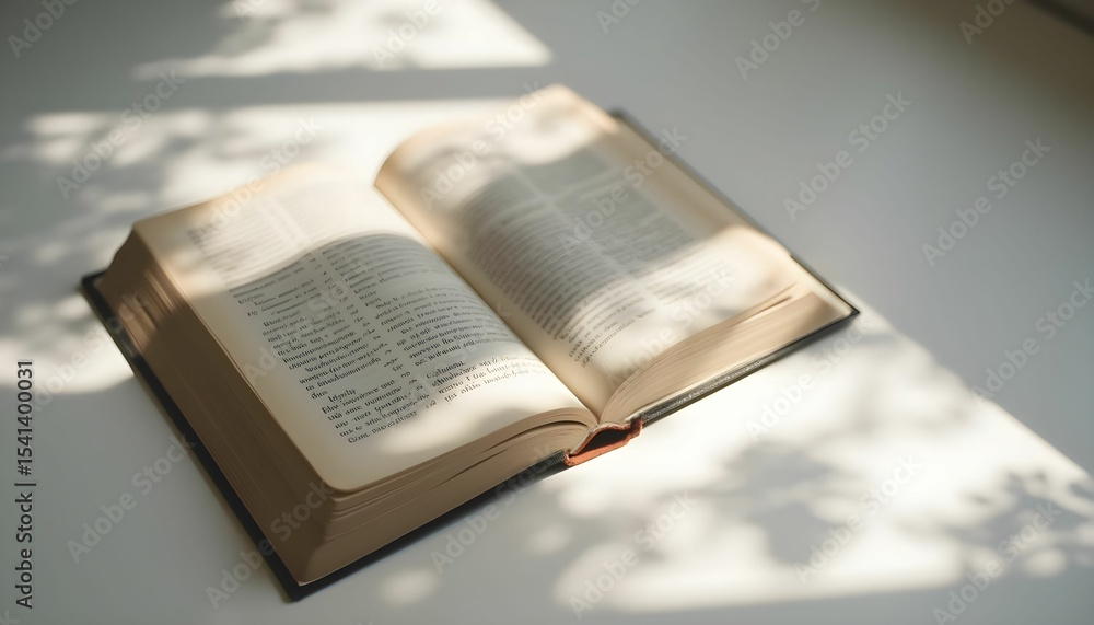 Obraz premium Open book resting on a table with soft shadows and natural light filtering through, creating a peaceful reading atmosphere in a cozy setting Generative AI