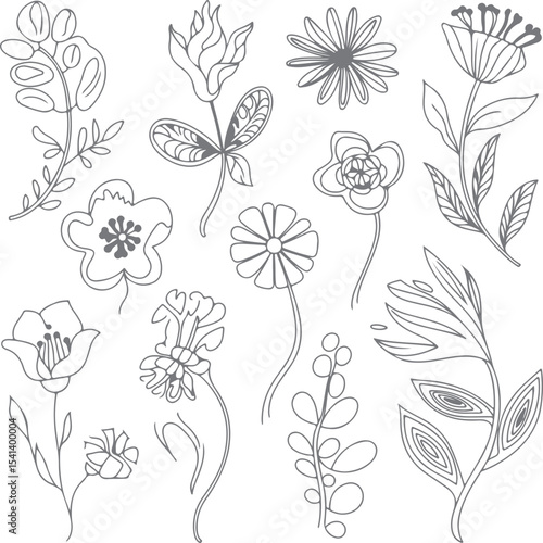 Collection of Gray Line Art Floral Silhouettes Botanical Elements Simple Flower Designs Gray Scale Vector Graphics for Wedding Invitations and
