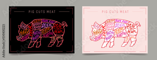 Pig Meat Cutting Kit. Butcher poster diagram, chart and guide - pork. Vintage typography, hand drawn.