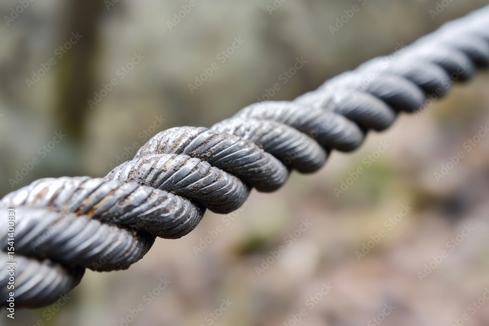 Fototapeta premium A soft focus backdrop highlights metal wire rope intertwined with shiny strands that reflect light