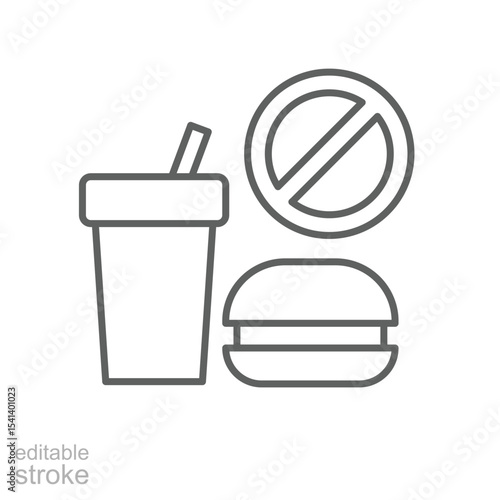 Fast food forbidden icon Outline thin line image of drink and burger with stop sign for nutrition alert or health concept