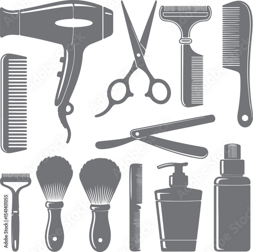 Grey Silhouette Barbershop Tools Collection Hair Dryer Combs Scissors Straight Razor Shaving Brush Aftershave Bottle